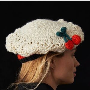 Anthropologie Crochet Cherry Beret in Ivory - NWT